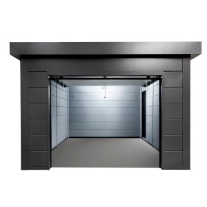Offene, anthrazitfarbene Fertiggarage 3663 (358x628cm) mit Stahldach und Schiebetüren.