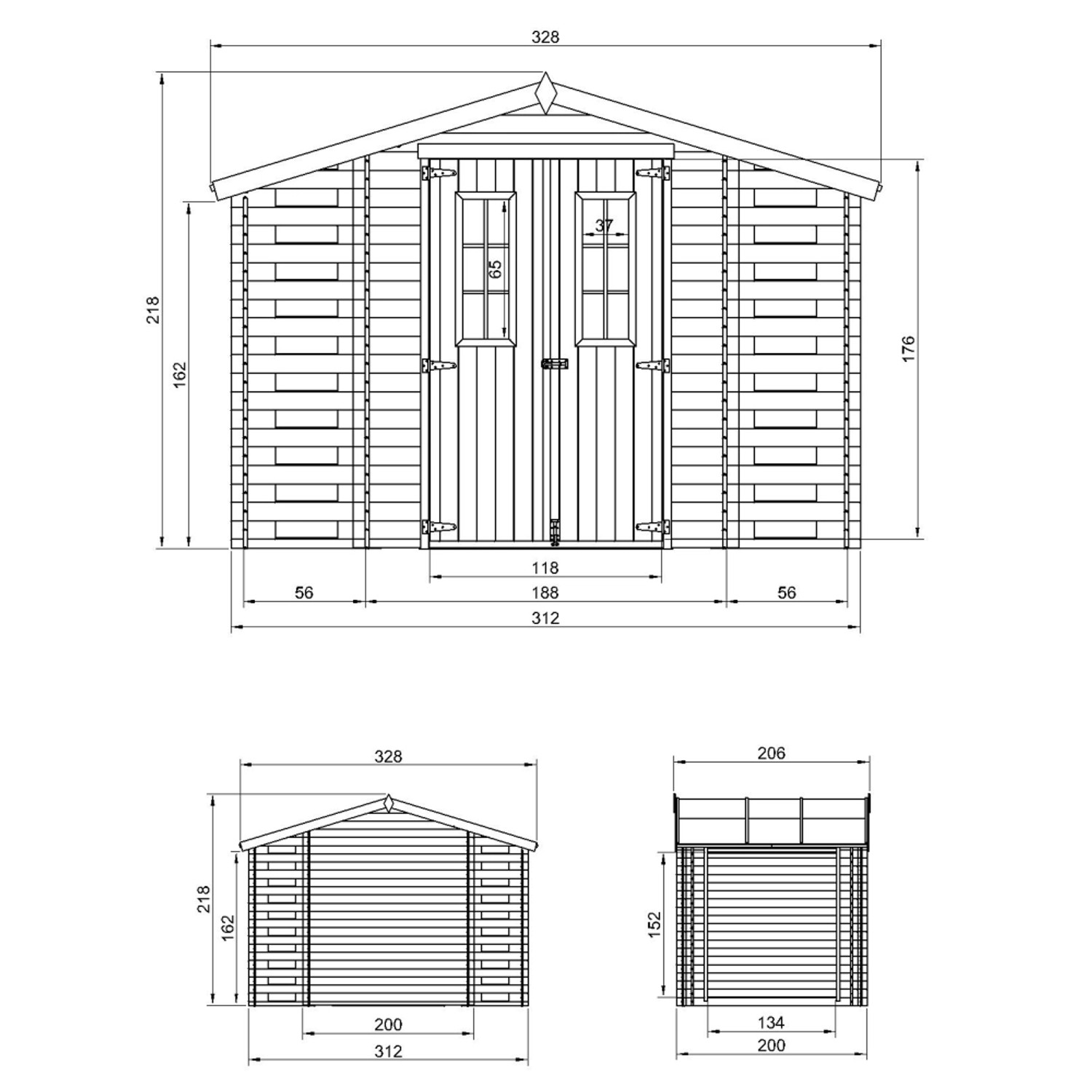 Technische Zeichnung: Timbela Holz-Gartenhaus M391C+M391G mit Maßen und Ansichten.