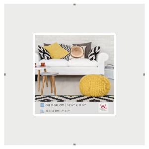 Walther Design Rahmenloser Bildhalter 30x30 cm, Klarglas, im Wohnzimmerambiente.