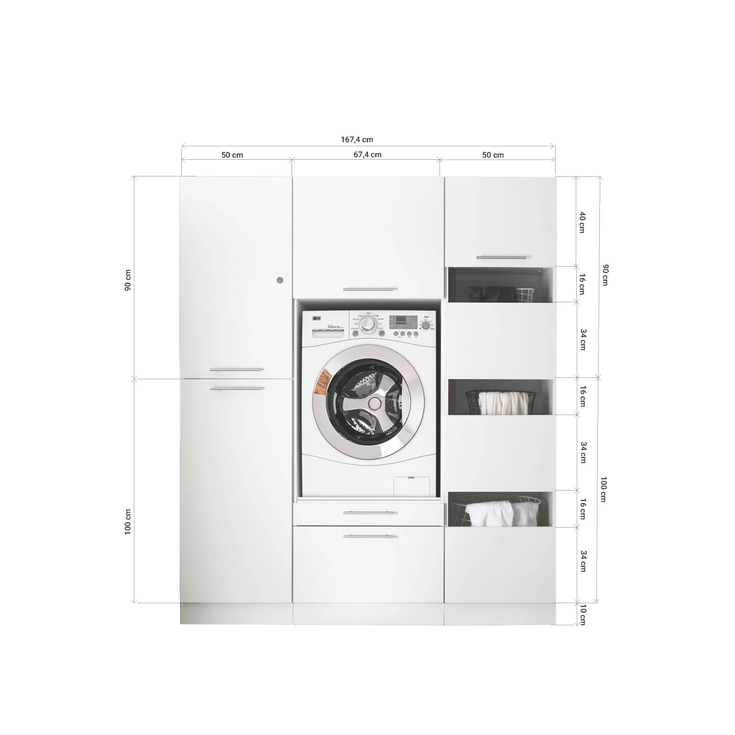 Respekta Hauswirtschaftsraum Set Clara, 200cm, Weiß Matt, bestehend aus Waschmaschinenschrank, Wäscheschrank und Hochschrank.