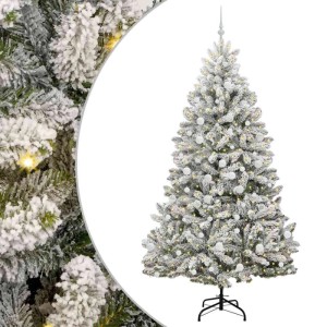 Künstlicher, weiß-grüner Weihnachtsbaum (210 cm) mit LED-Lichtern und Kugeln.