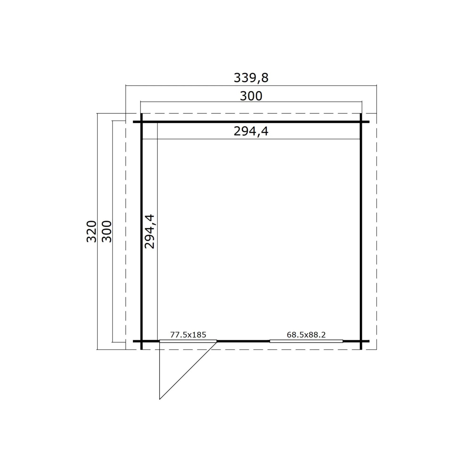 Grundriss Lasita Gartenhaus Wels 3, 300x300 cm, Grau-Grün. Holz-Gartenhaus mit Tür.