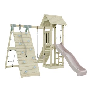 OutdoorToys Spielturm Trondheim mit Schaukel und Rutsche in Altrosa für Kinder ab 3 Jahren.