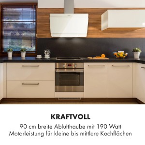 Weiße Klarstein Aurica 90 Dunstabzugshaube aus Glas, 90cm, kopffrei, in moderner Küche über Kochfeld.