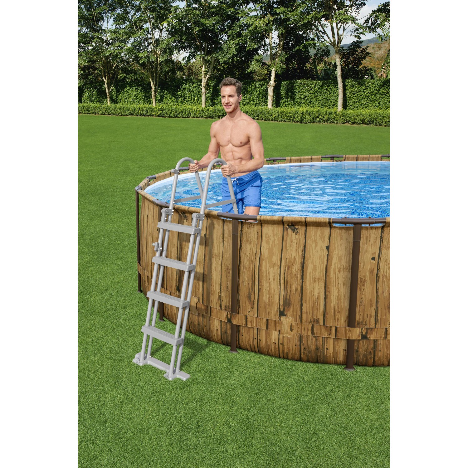 Bestway Stahlrahmenpool Set Power Steel Swim Vista, Ø 549 cm, mit Leiter und Holzoptik.