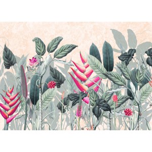Komar Vliestapete Soft Jungle: Fototapete mit tropischen Pflanzen und pinken Blüten.