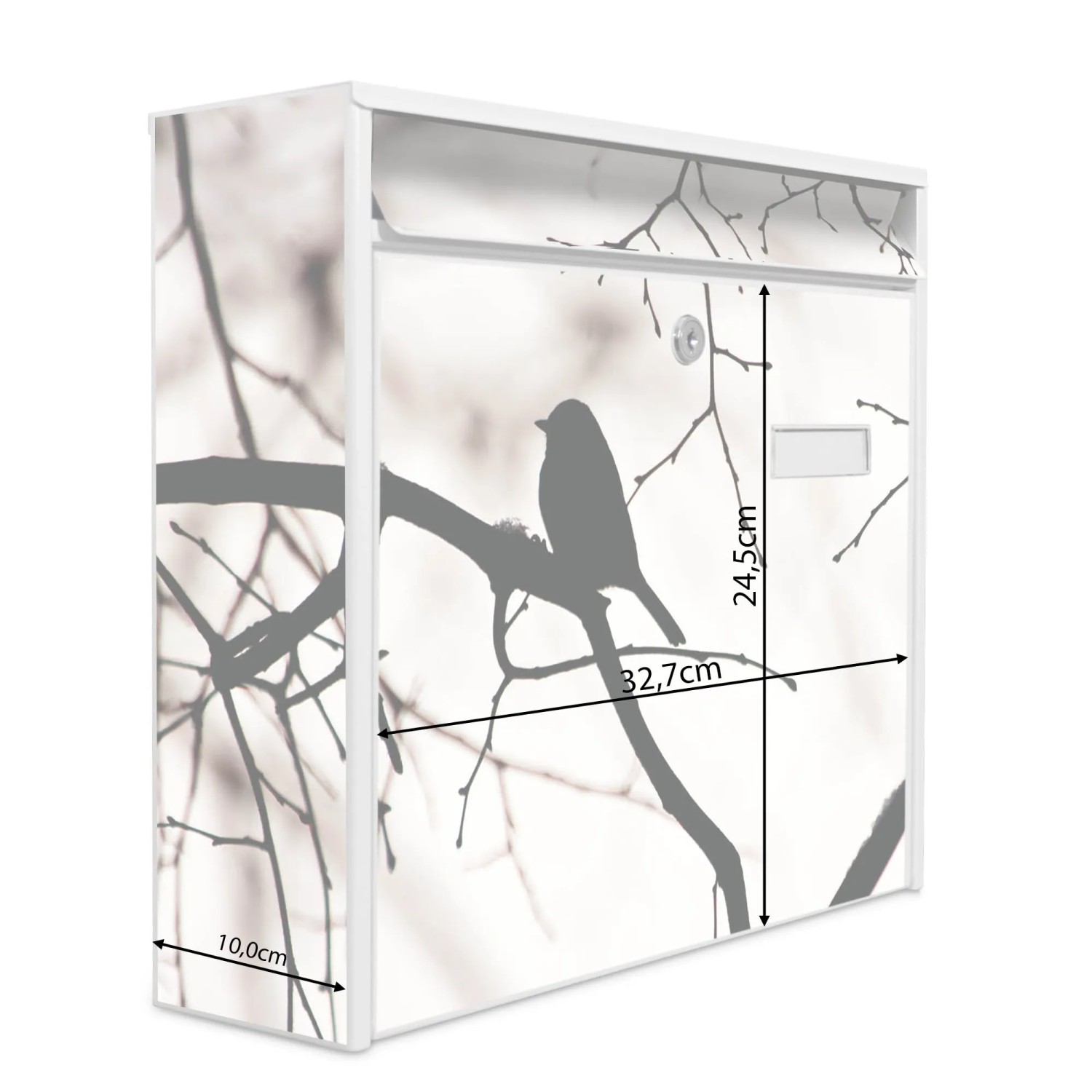 Weißer Banjado Briefkasten mit Vogel-Motiv, inkl. Montagematerial und 2 Schlüsseln.