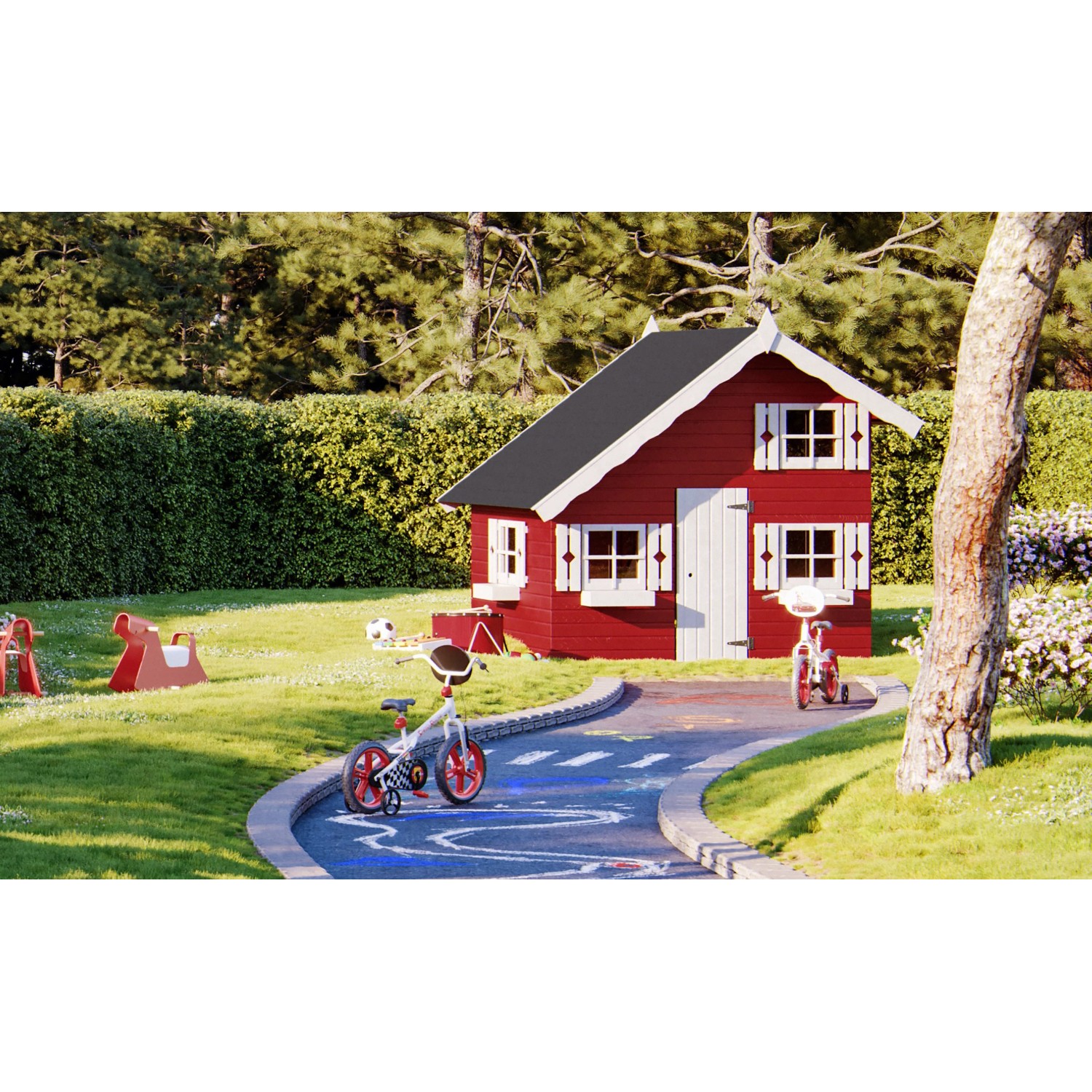 Rotes Palmako Spielhaus Tom aus Fichtenholz mit zwei Ebenen und weißen Fensterläden im Garten.