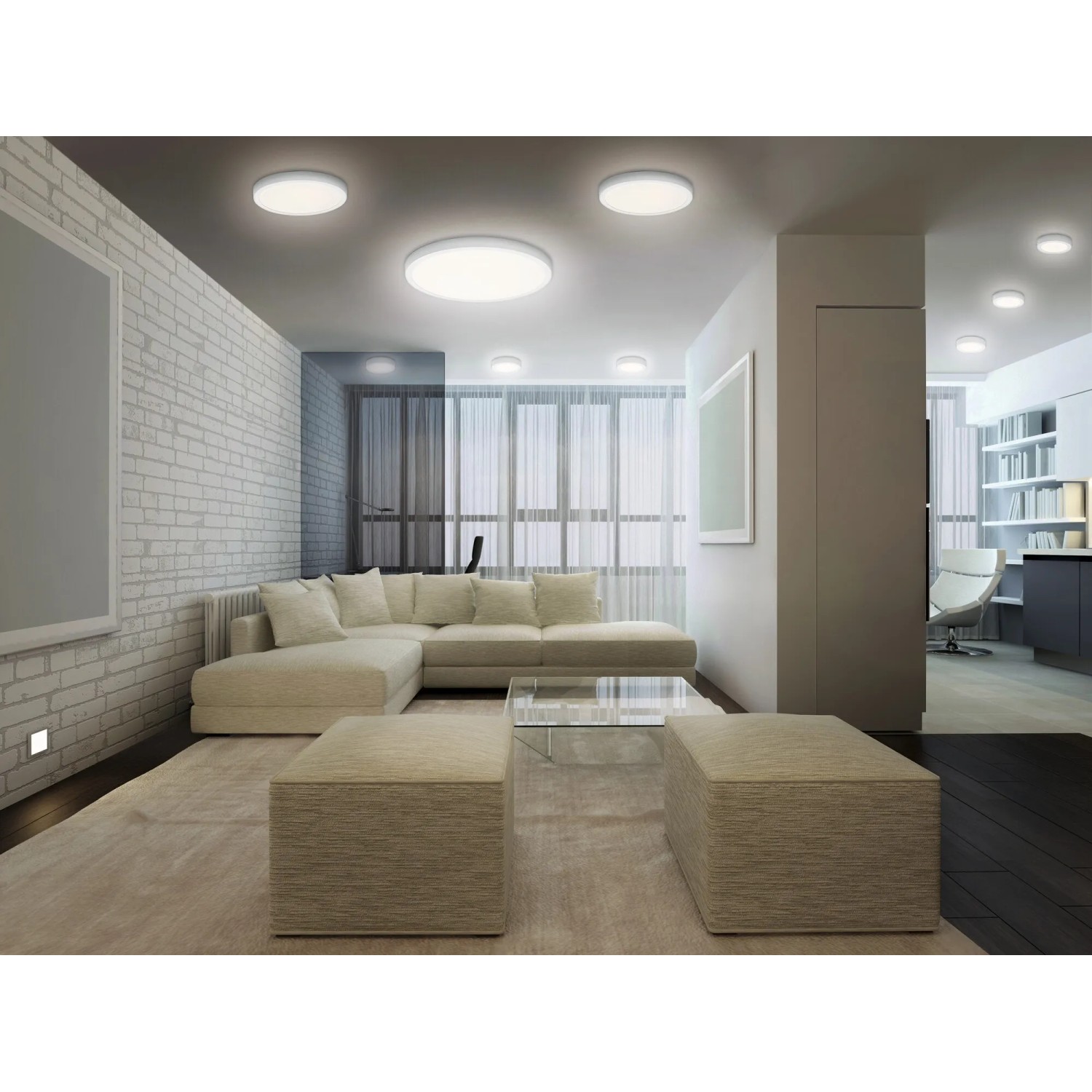 Weiße Ledvance Smart+ WiFi Einbauleuchte Surface Downlight (Ø 40 cm) in modernem Wohnraum.