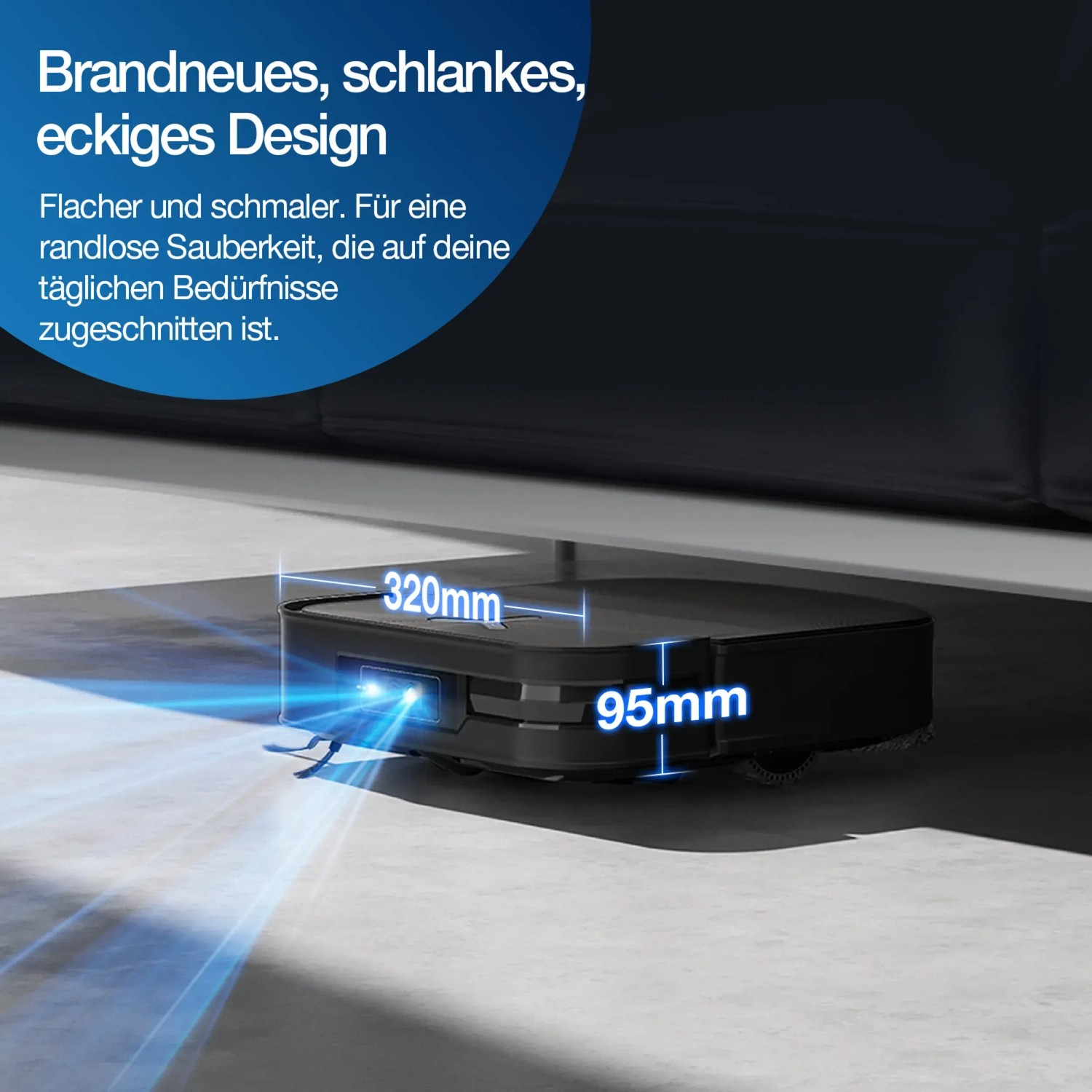 ECOVACS DEEBOT X2 OMNI Saugroboter im eckigen Design, fährt unter ein Möbelstück. Abmessungen sind sichtbar.