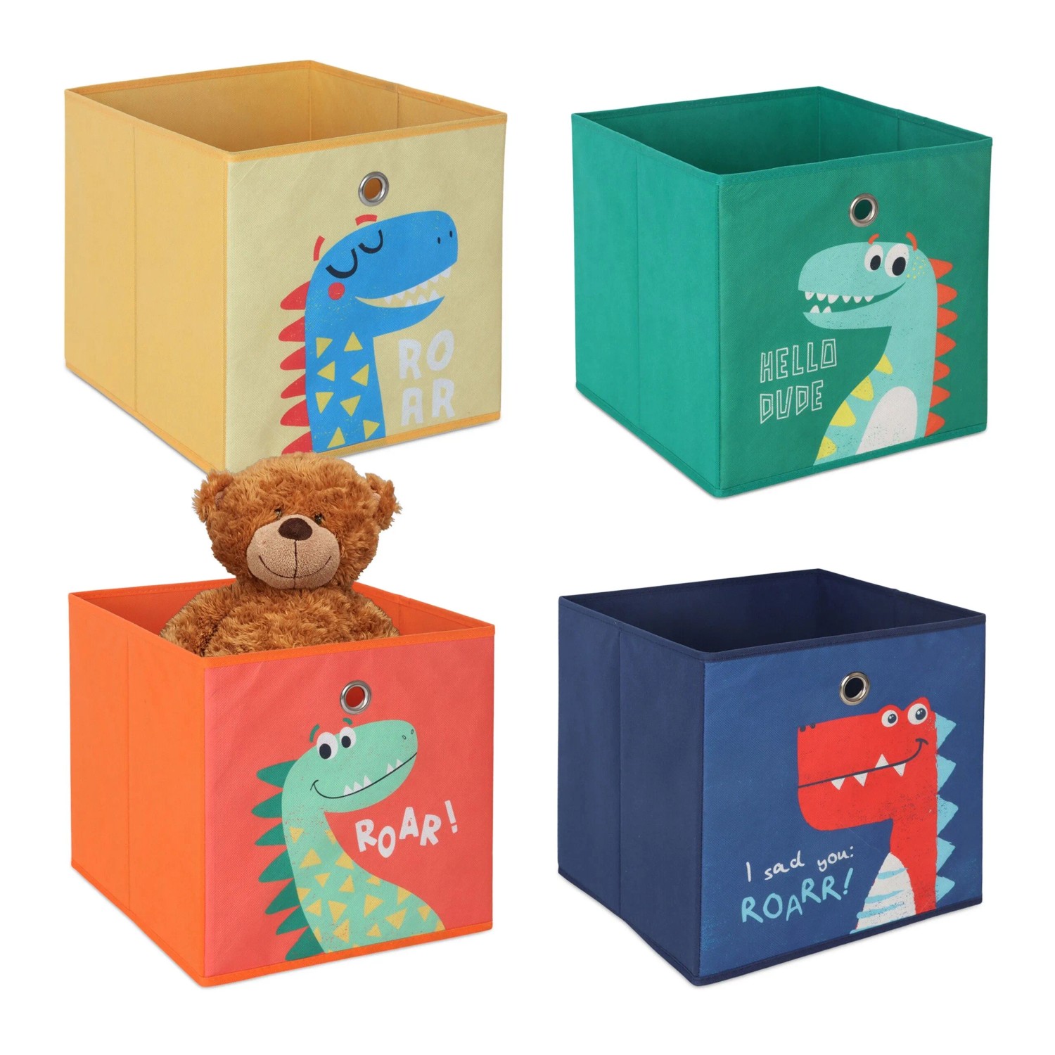 Relaxdays Aufbewahrungsboxen für Kinder 4er Set Vlies Pappe Stahl Bunt Faltbar 30 cm x 30 cm x 30 cm 0,6 kg