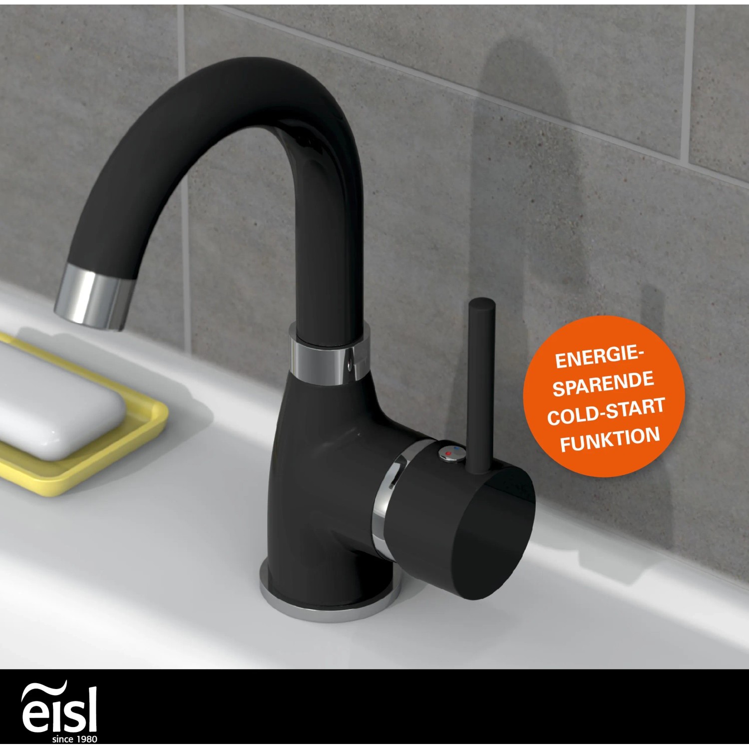 Eisl Waschtischarmatur Futura in Schwarz-Chrom mit hohem Auslauf und Cold-Start Funktion.