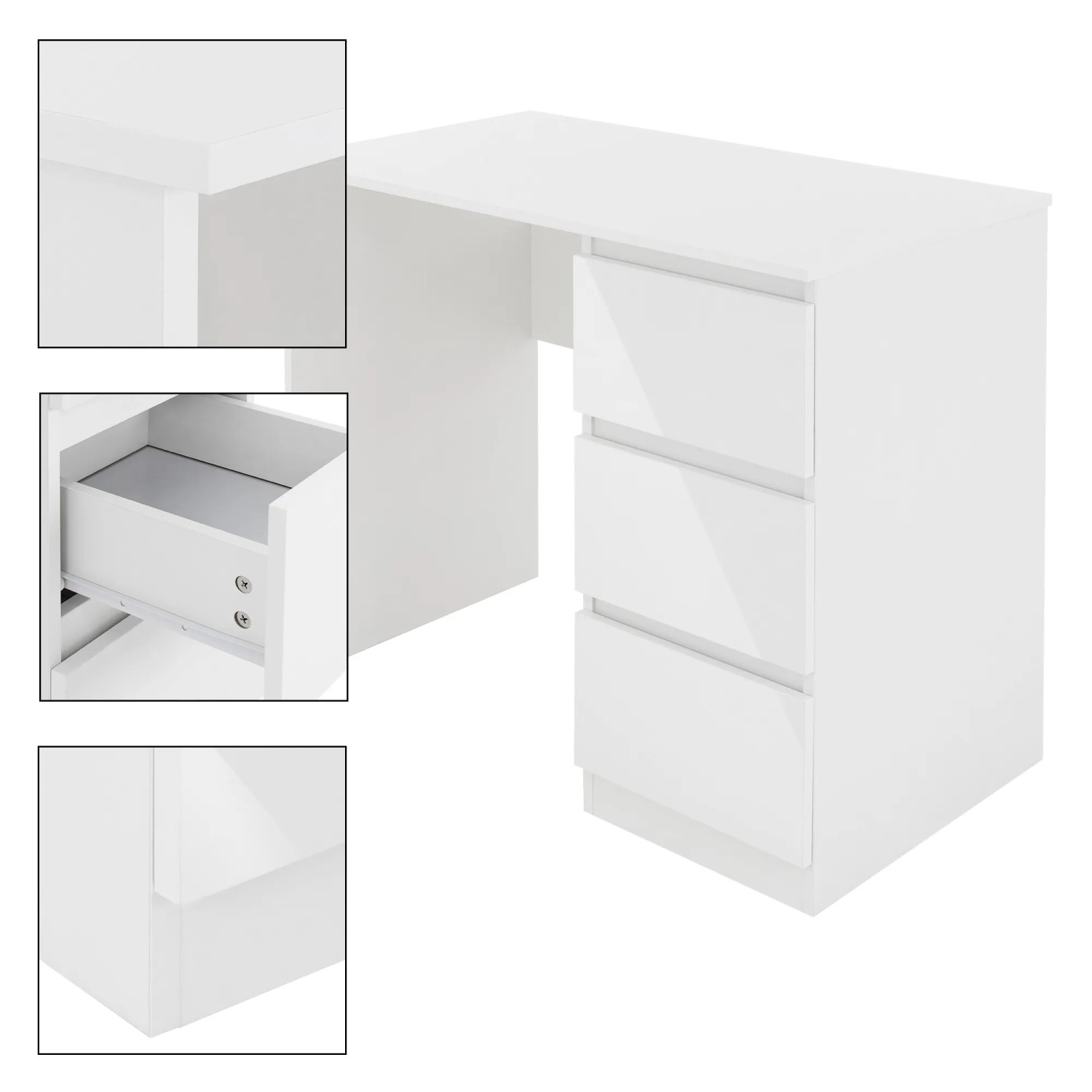 Weißer ML-Design Schreibtisch mit 3 Schubladen, 90x76x50 cm, ideal als kompakter Arbeitstisch.