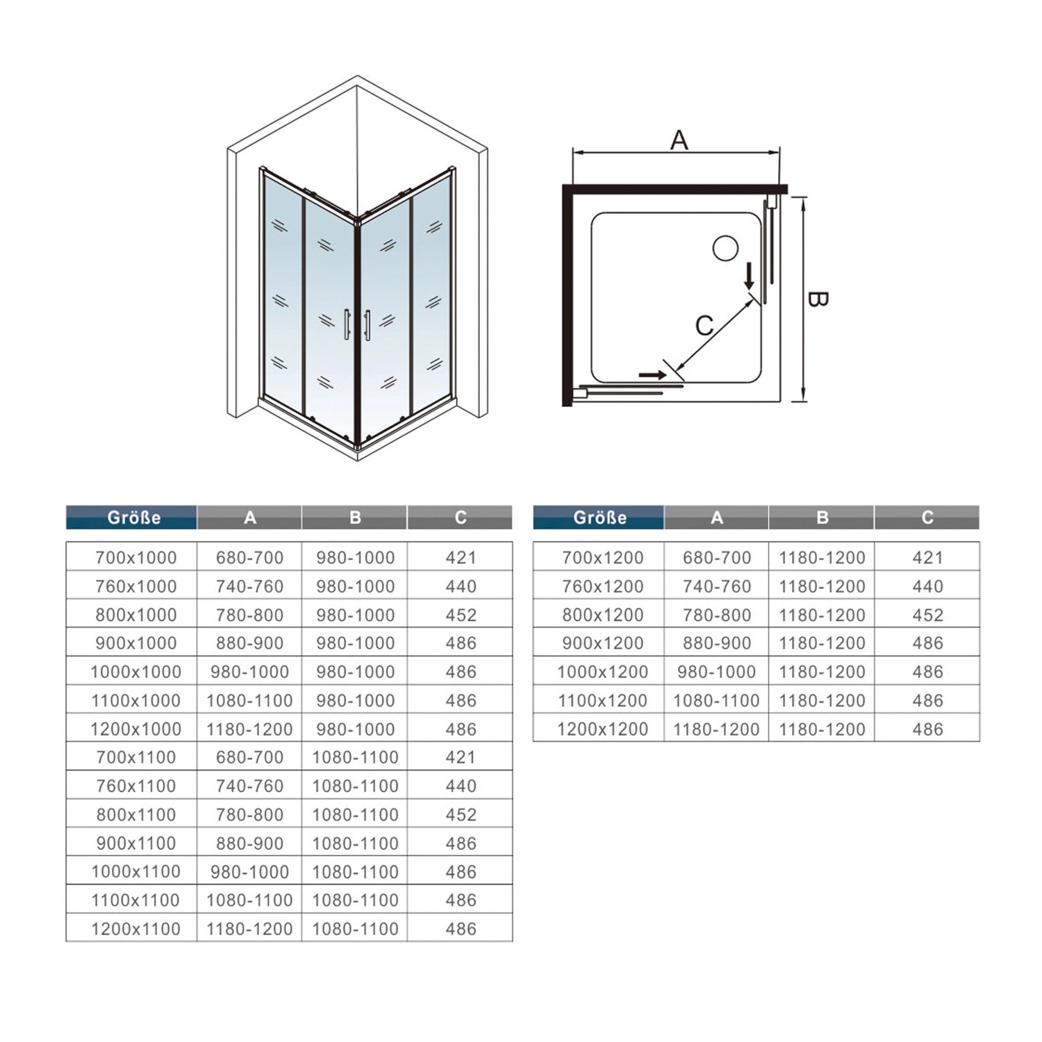 Skizze Duschkabine Eckeinstieg AICA 110x110cm mit Schiebetür, 6mm Nano ESG Glas. Dusche für barrierefreies Bad.