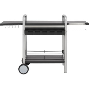 Tepro BBQ Tisch in Schwarz-Silber mit Ablagen, Besteckhaken und Rollen für Grillutensilien.