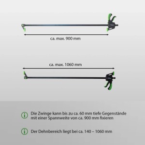 TRUTZHOLM Einhandzwinge 60x900 mm, Spann- und Dehnbreite dargestellt.