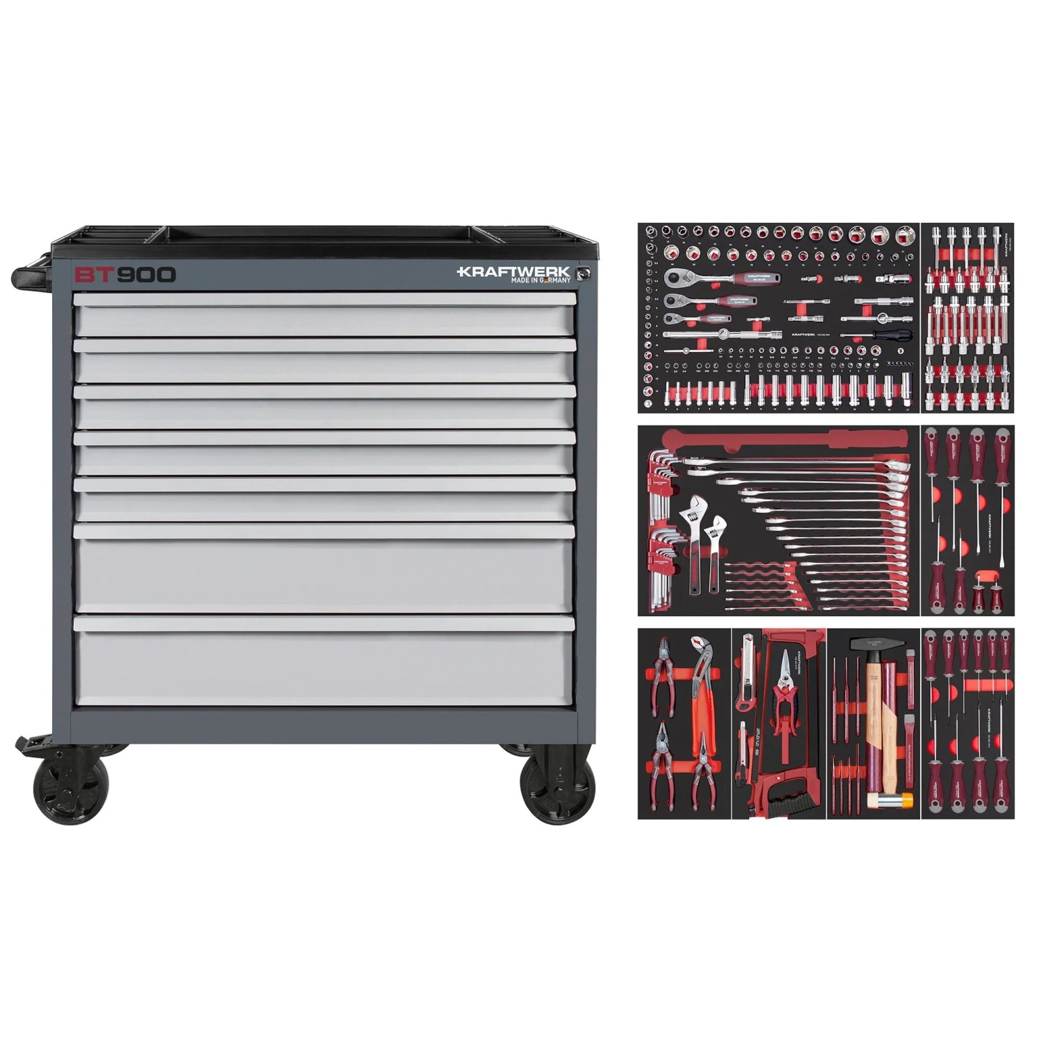 Kraftwerk Werkstattwagen BT900 7 Schubladen 278-tlg. Grau-Silber 1.000 mm