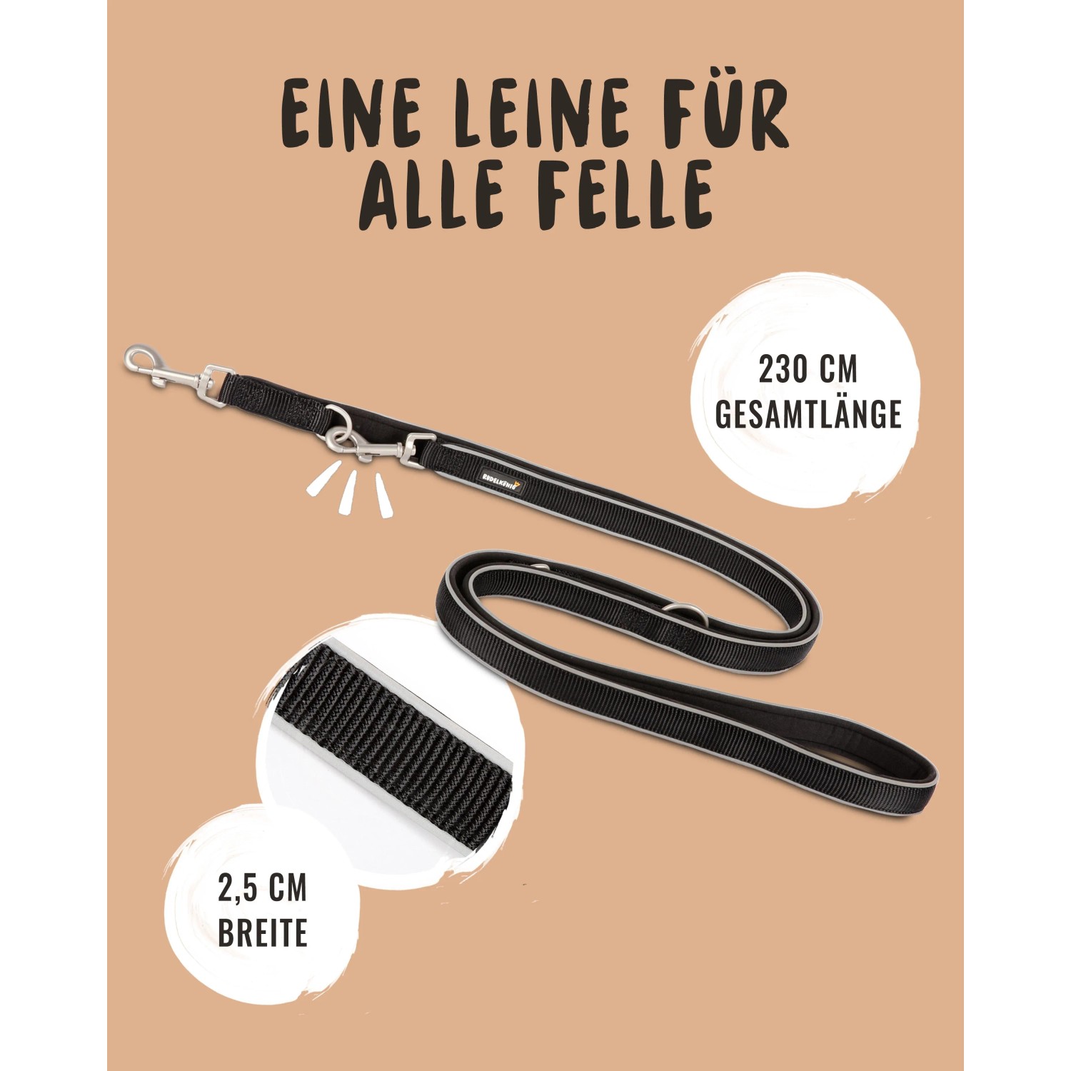 Verstellbare Rudelkönig Hundeleine Paola, 230 cm lang, aus schwarzem Nylon mit silbernen Akzenten.