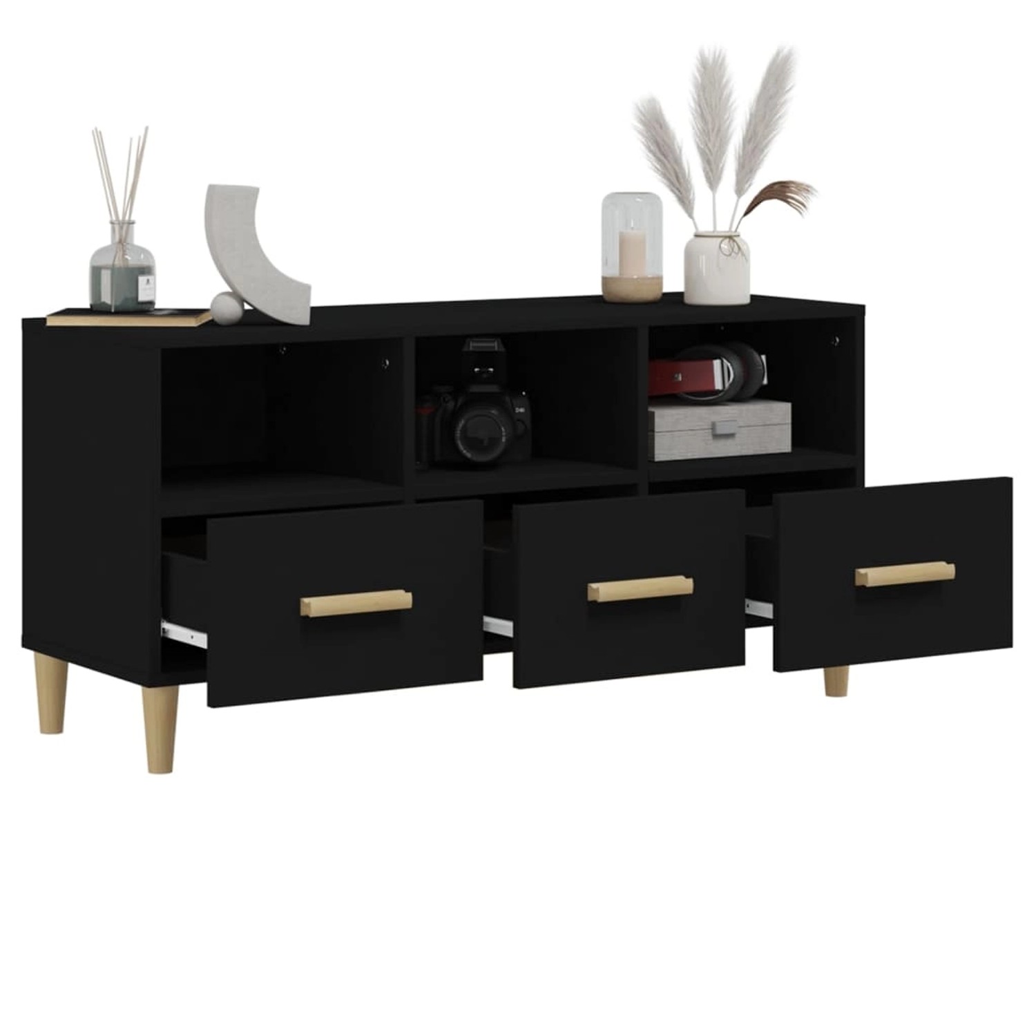 Schwarzer VidaXL TV-Schrank (102x36x50 cm) aus Holzwerkstoff mit Schubladen und Fächern.