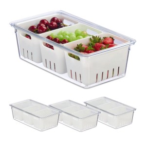 Relaxdays Kühlschrank Organizer 4er Set Kunststoff Transparent Weiß Stapelbar 10 x 32 x 17,5 cm 0,6 kg