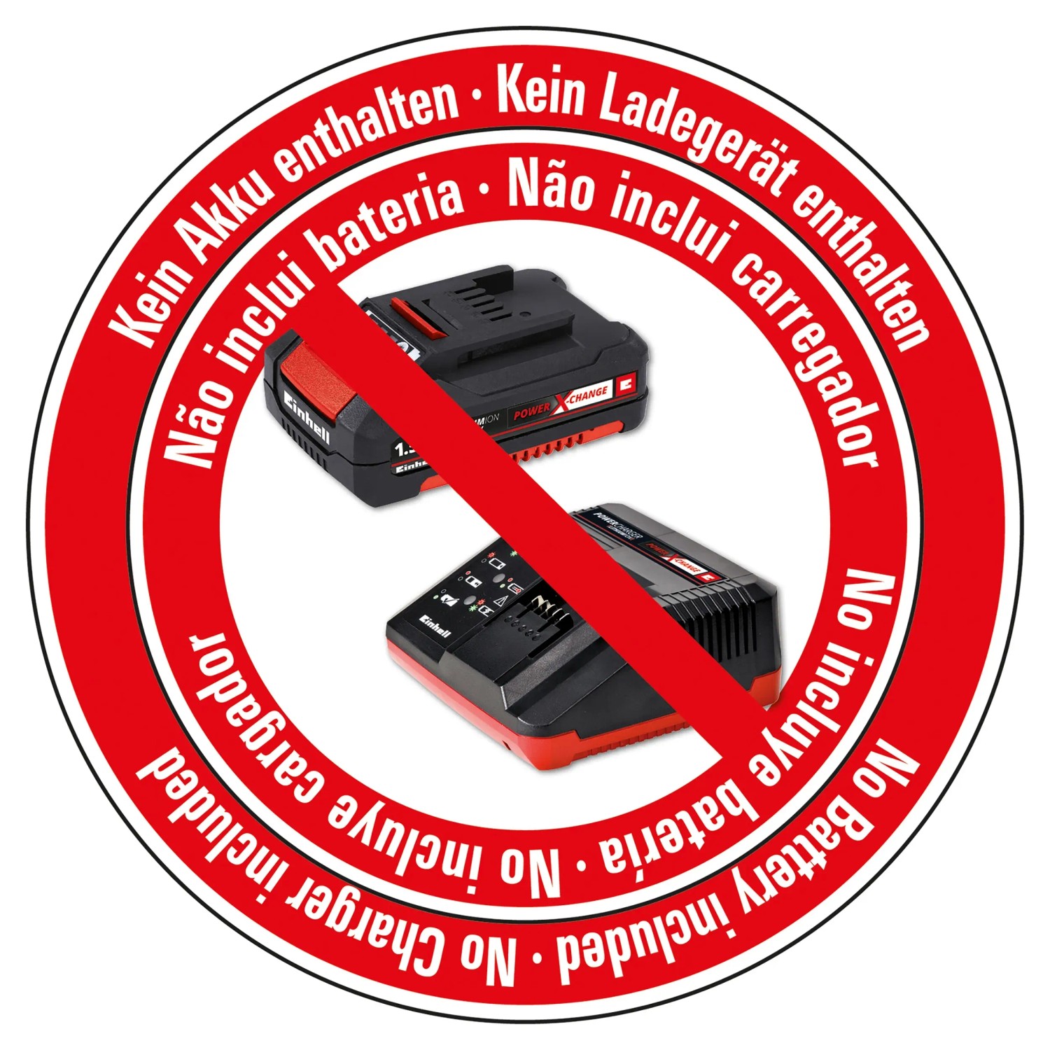 Symbol: Akku und Ladegerät für Einhell Akku-Rasenmäher nicht enthalten.