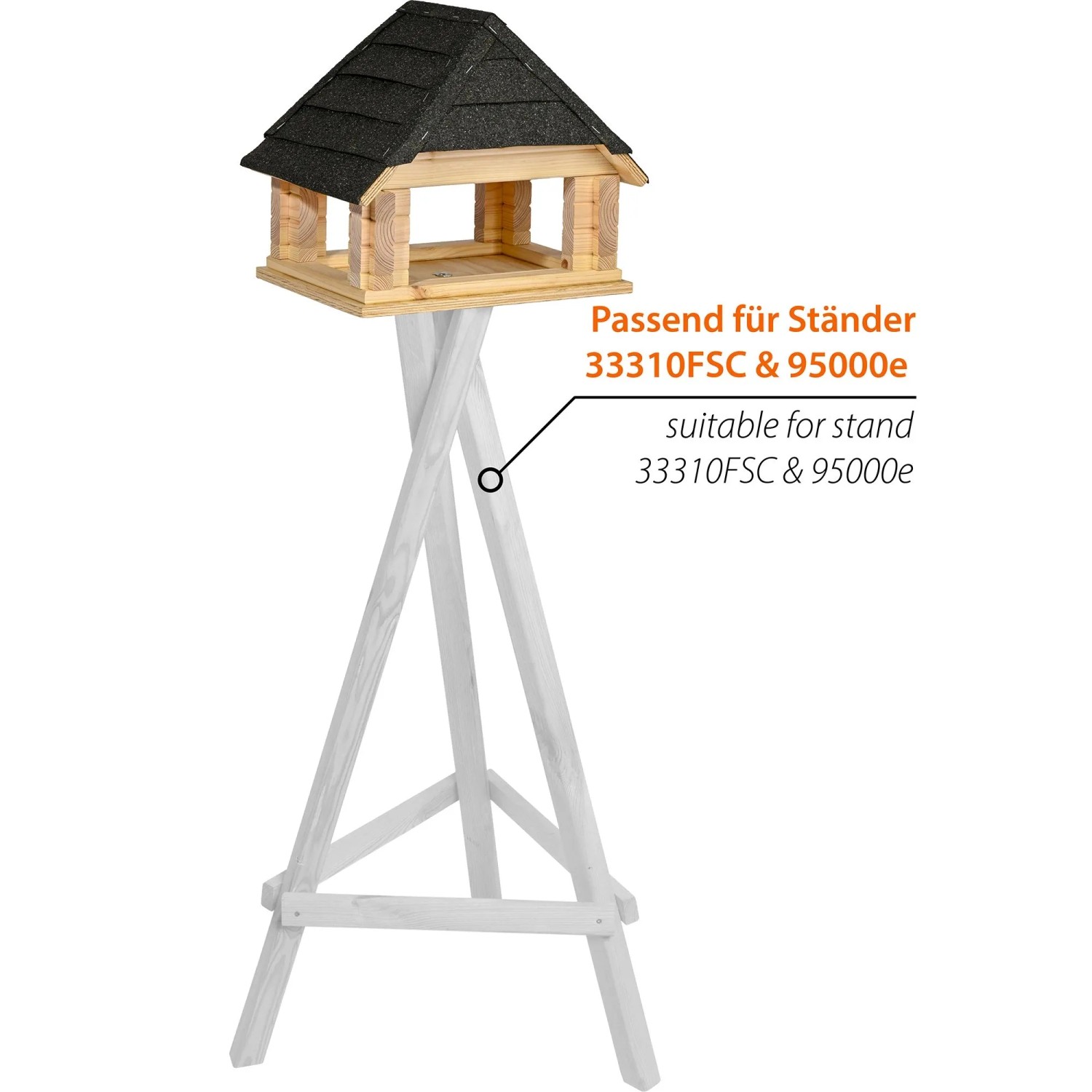 Dobar Vogelhaus Sort aus Massivholz mit schwarzem Bitumendach auf einem Ständer. Futterplatz für Wildvögel.