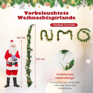 Costway Weihnachtsgirlande mit 50 Leds Warmweiß 270cm Goldenen Kugeln
