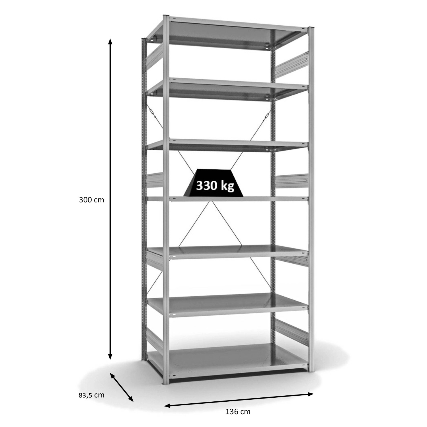 PROREGAL Fachbodenregal, Stecksystem, 7 Ebenen, 300x130x80 cm, Traglast 330 kg, verzinkt.