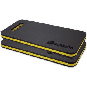 2er Set Gorando Premium Kniekissen, schwarz mit gelbem Rand, für Garten, Haus und Werkstatt.