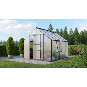 Schwarzes Vitavia Gewächshaus Meridian 1 8300 HKP 6mm mit geöffneter Tür und Fenster.