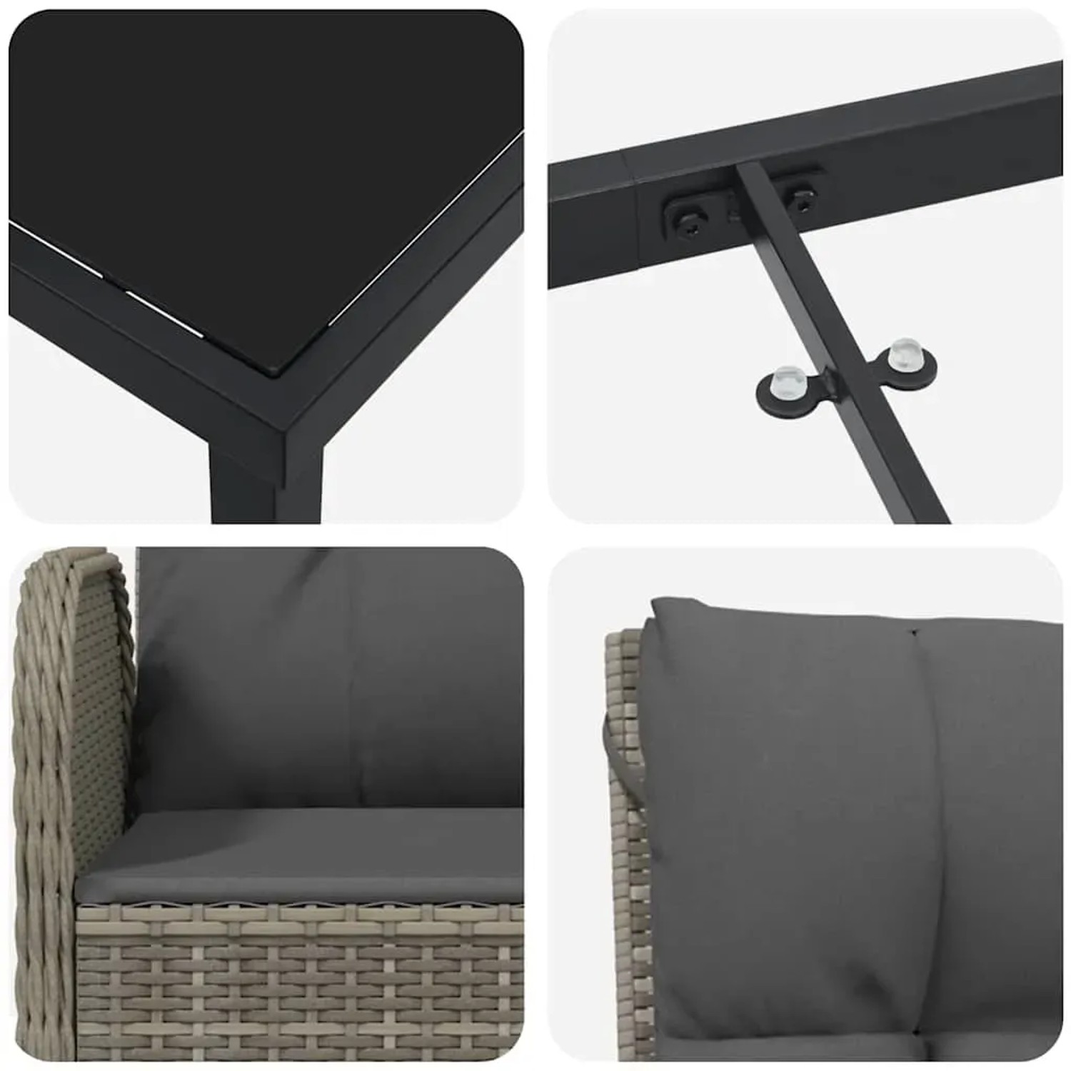 Graue vidaXL Garten Essgruppe, 7-teilig, mit Poly Rattan und Kissen. Details von Tisch und Stühlen.