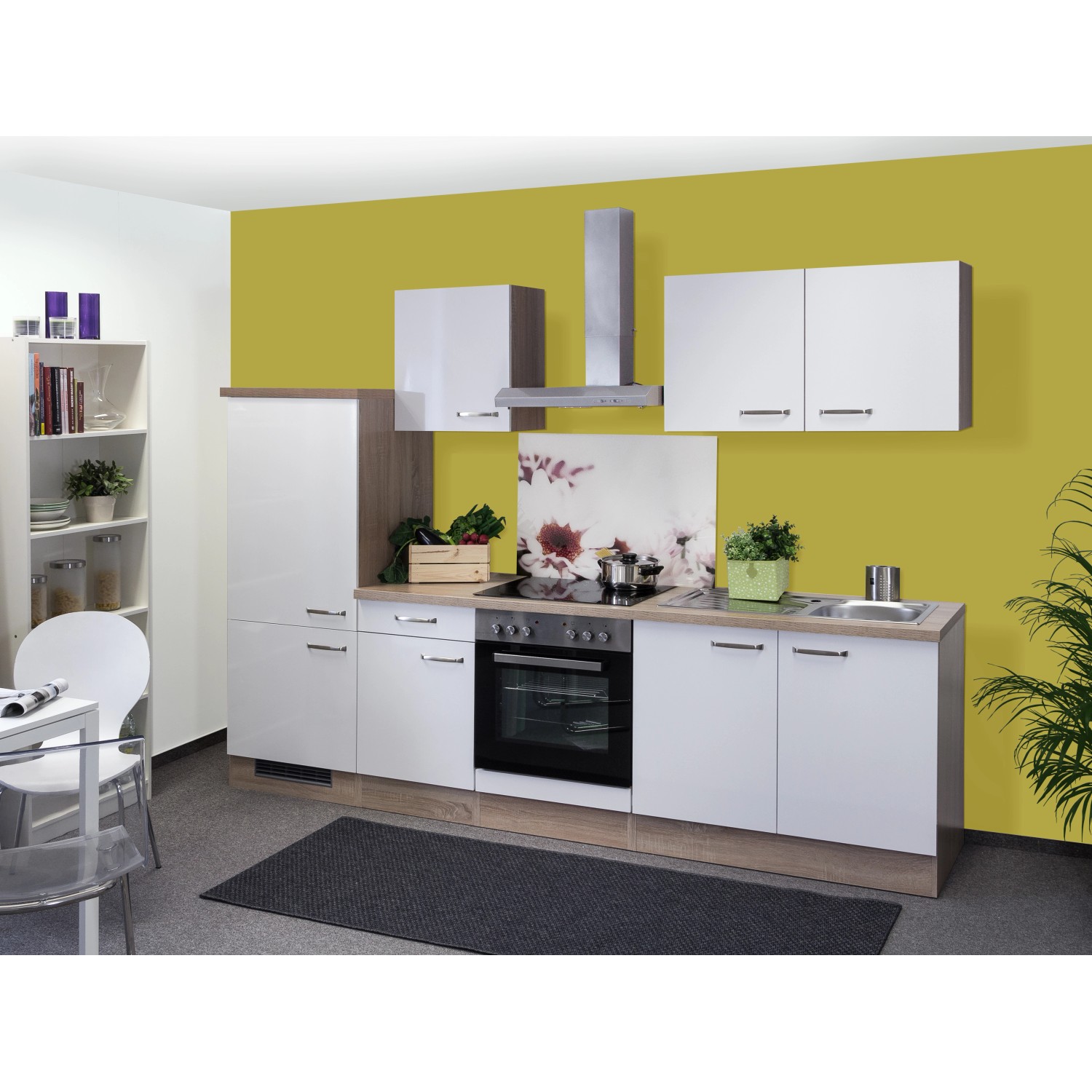 Flex-Well Exclusiv Küchenzeile/Küchenblock Valero 270 cm Hochglanz Weiß-Sonoma Eiche