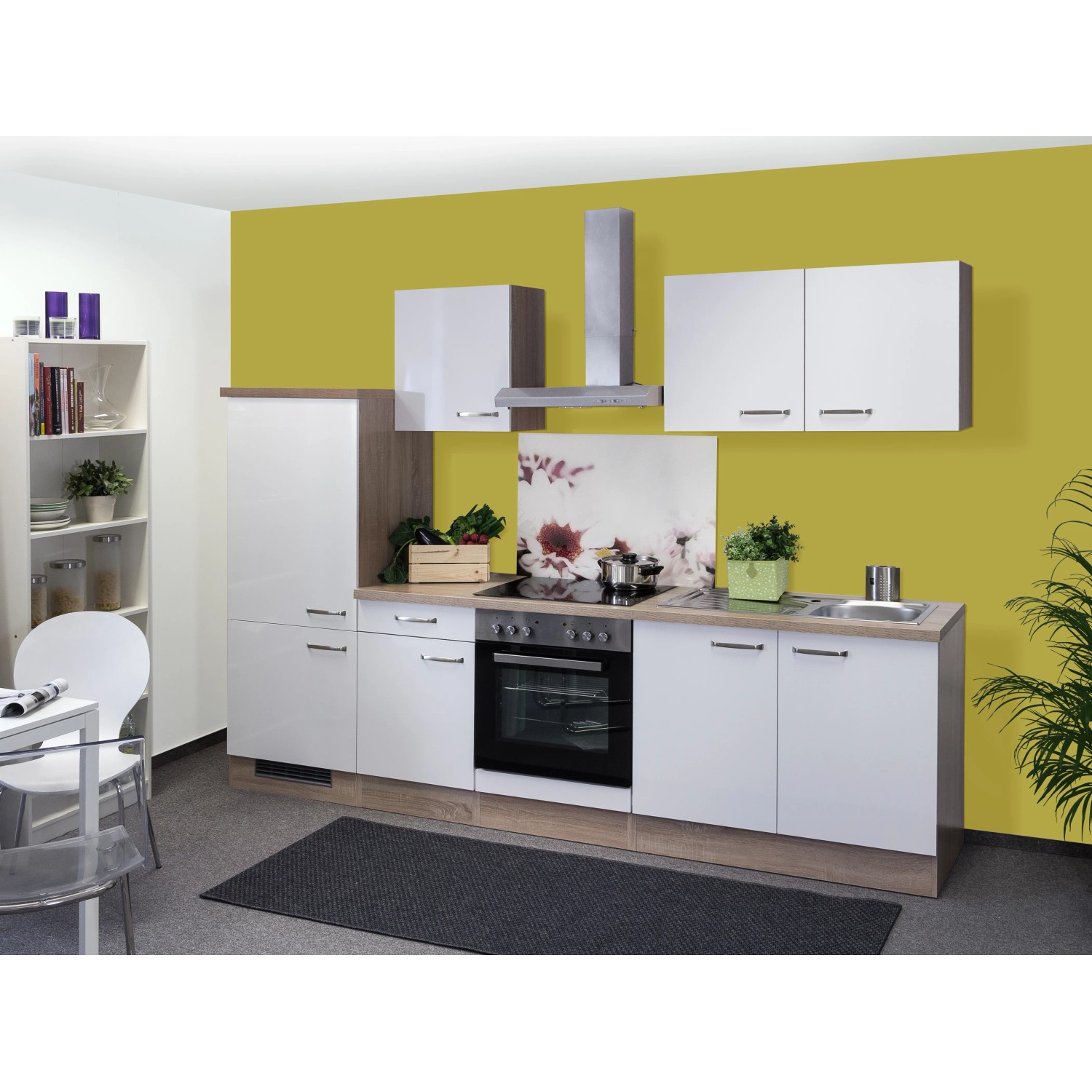 Flex-Well Exclusiv Küchenzeile Valero 270 cm Hochglanz Weiß-Sonoma Eiche