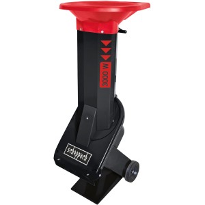 Scheppach Biostar 3000 Elektro-Häcksler mit rotem Trichter und schwarzem Gehäuse.