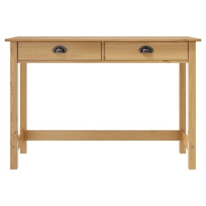 Honigbrauner Kiefernholz Konsolentisch mit 2 Schubladen und Schalengriffen für Wohnzimmer.