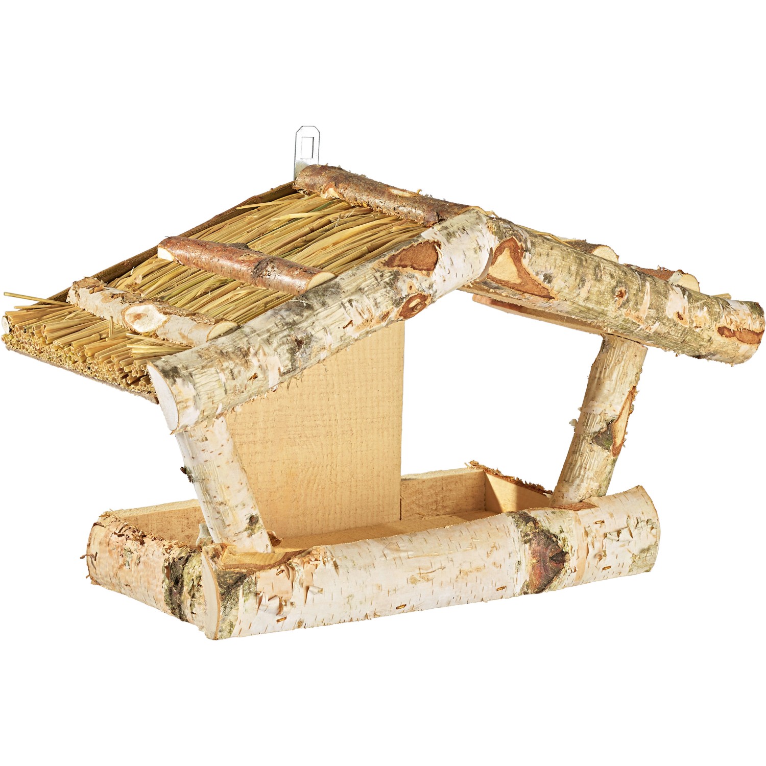 Vogelfutterstation aus Birkenholz mit Strohdach, Modell D, zur Wandbefestigung.