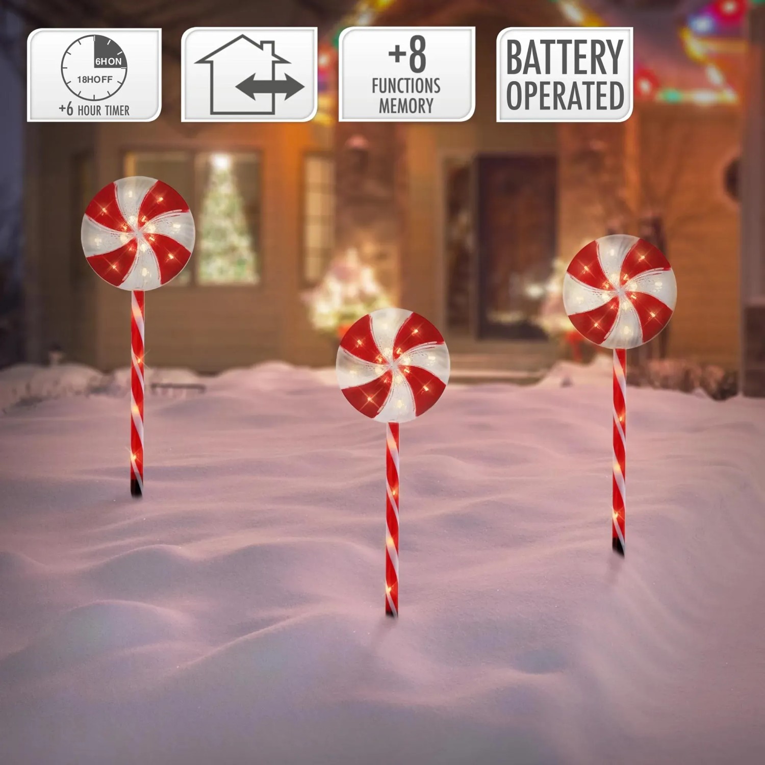 3er Set LED Lollipop-Weihnachtsdeko für außen, 60 LEDs, 3m, 8 Modi, rot/weiß, batteriebetrieben.