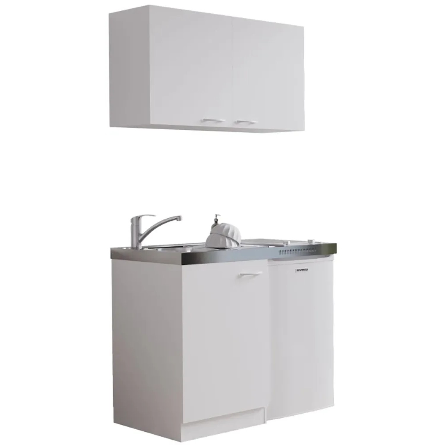 Respekta Miniküche MK100WOSC, 100 cm, Weiß mit Spüle, Kochfeld und Kühlschrank.