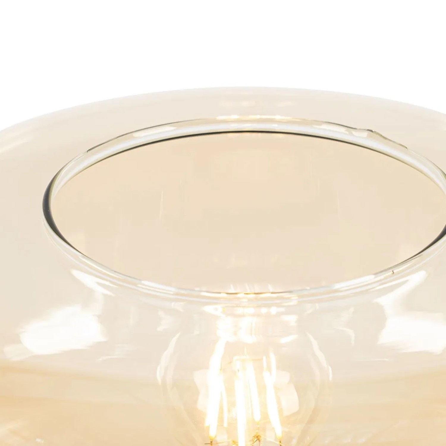Detailaufnahme der Art Deco Stehlampe Bizle mit braunem Glasschirm und sichtbarem Leuchtmittel.