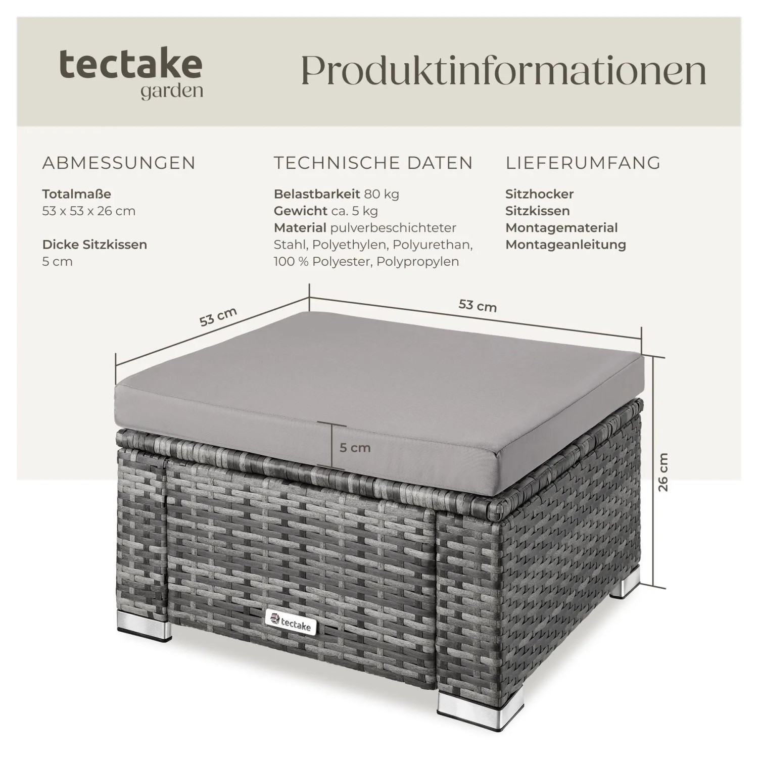 Grauer Tectake Rattan Sitzhocker Bitonto mit hellem Kissen. Robust, witterungsbeständig, 53x53x26 cm.