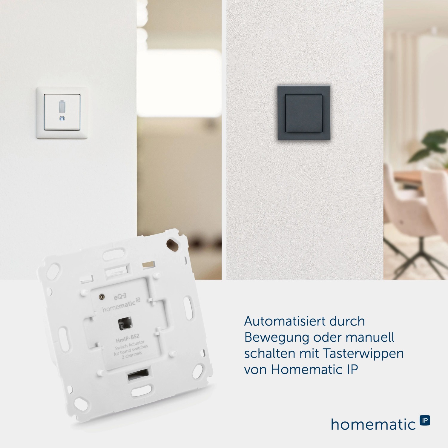 Homematic IP 2-fach Schaltaktor für Markenschalter, Rückseite und installierte weiße/graue Smart Home Schalter.