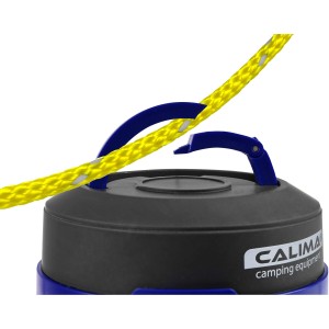 Calima Mini-Campinglaterne, faltbar, mit blauem Tragegriff und gelbem Seil.