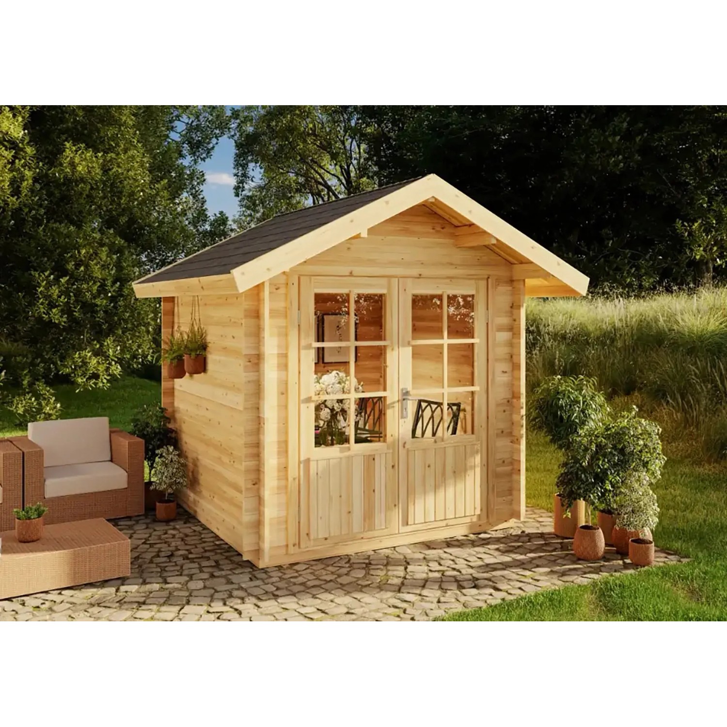 Alpholz Gartenhaus Palma aus Holz mit Doppeltür und Echtglasfenstern im Garten.