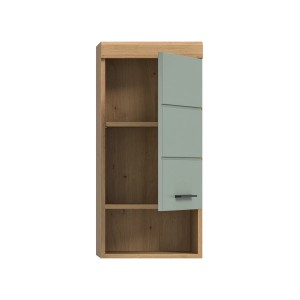 Hängeschrank in Eiche-Optik mit Salbei-Front, 37x79x24 cm, für Bad und Hauswirtschaftsraum.