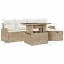Beiges 6-tlg. Garten-Sofa-Set aus Poly Rattan mit Kissen und Stauraum.