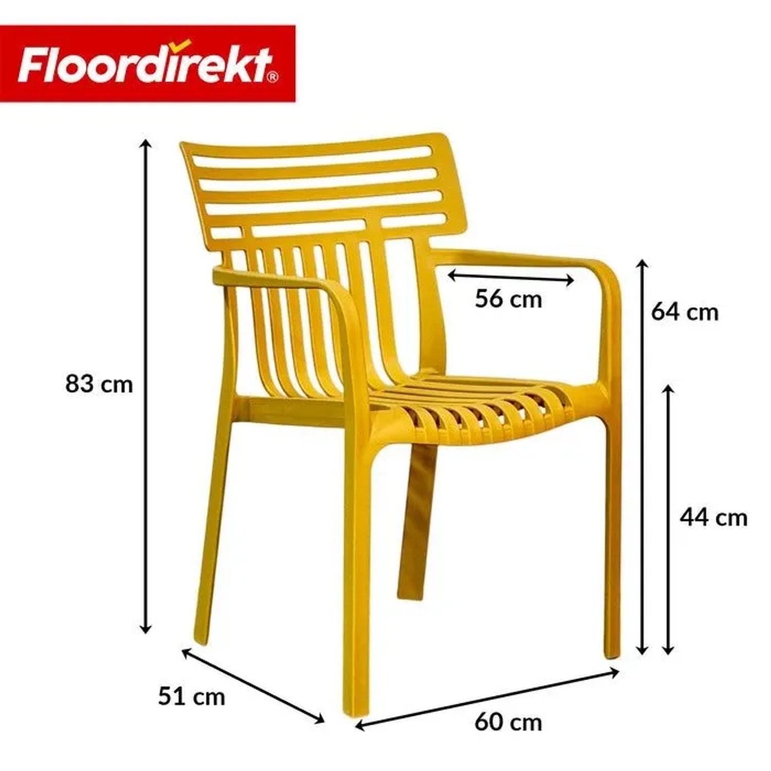 Gelber Gartenstuhl Sitwell von Floordirekt, wetterfest, stapelbar, mit Armlehnen und Maßangaben.