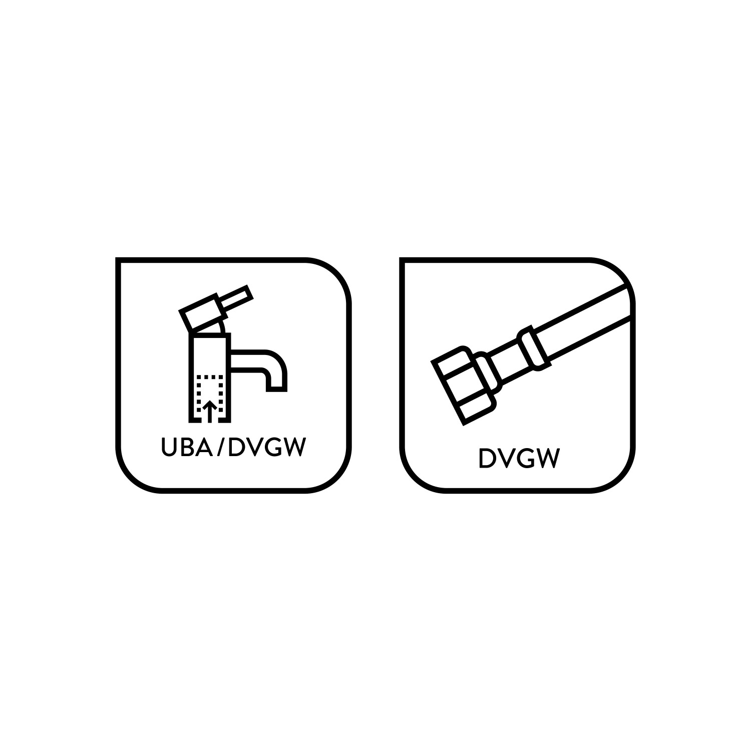 Icons für baliv Waschtischarmatur WT-5110: UBA/DVGW-Zertifizierung und DVGW-geprüfter Anschlussschlauch.