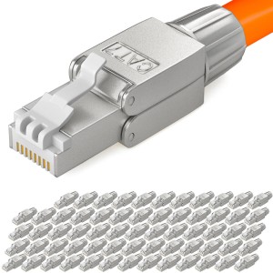 hb-digital CAT7 Netzwerkstecker, schmal, RJ45, LSA, STP, Zinklegierung, mit vielen weiteren Steckern im Hintergrund.