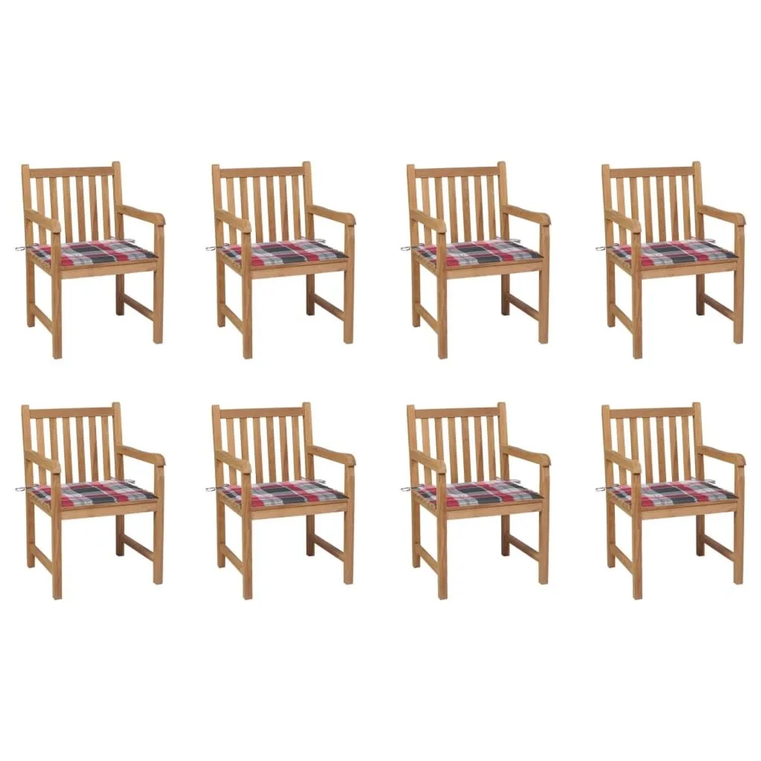 vidaXL Gartenstühle 8 Stk Rote Karomuster-Kissen Massivholz Teak 3073071