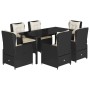 7-tlg. Garten-Essgruppe mit schwarzen Polyrattan-Stühlen und Tisch mit Glasplatte, inklusive Kissen.